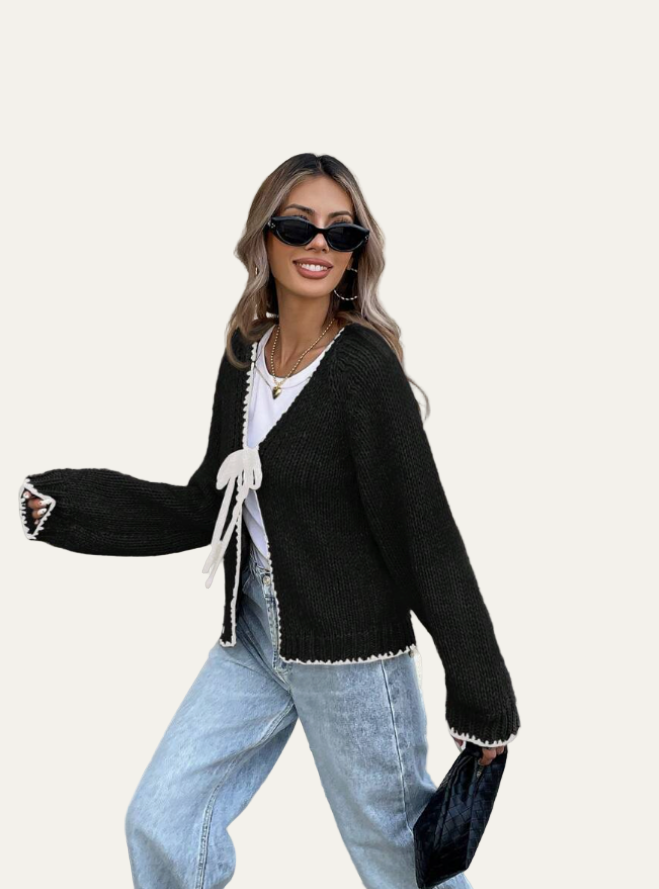 Women’s Tie-Front Cardigan – Cropped Knit Layer with Contrast Trim 4