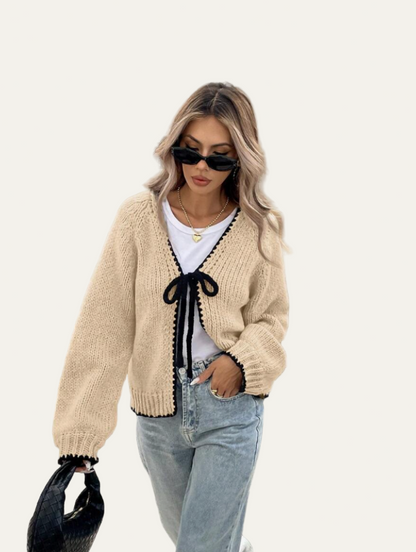 Women’s Tie-Front Cardigan – Cropped Knit Layer with Contrast Trim 5