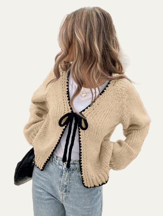 Women’s Tie-Front Cardigan – Cropped Knit Layer with Contrast Trim 7