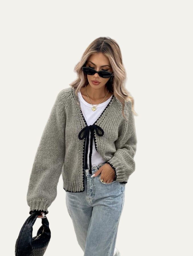 Women’s Tie-Front Cardigan – Cropped Knit Layer with Contrast Trim 8