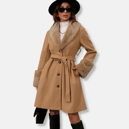 Women’s Trench Coat – Tailored Fit – Wool Blend – Faux Fur Collar & Cuffs – Belted 1