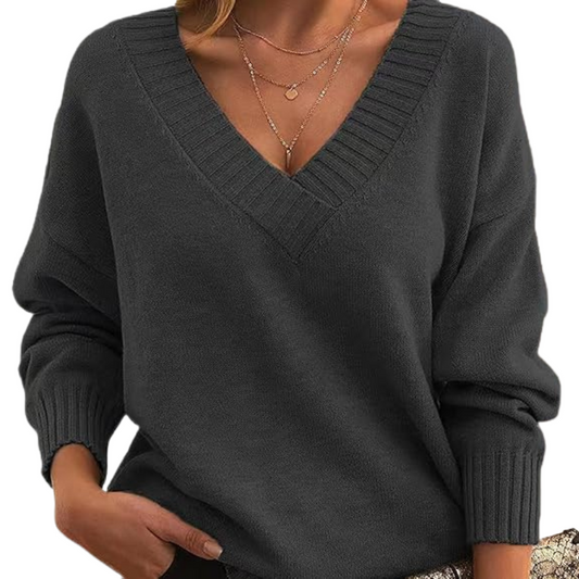 Women’s V-Neck Knitted Sweater – Relaxed Fit, Long Sleeve 0
