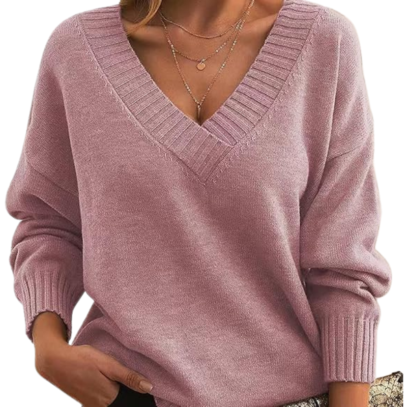 Women’s V-Neck Knitted Sweater – Relaxed Fit, Long Sleeve 1