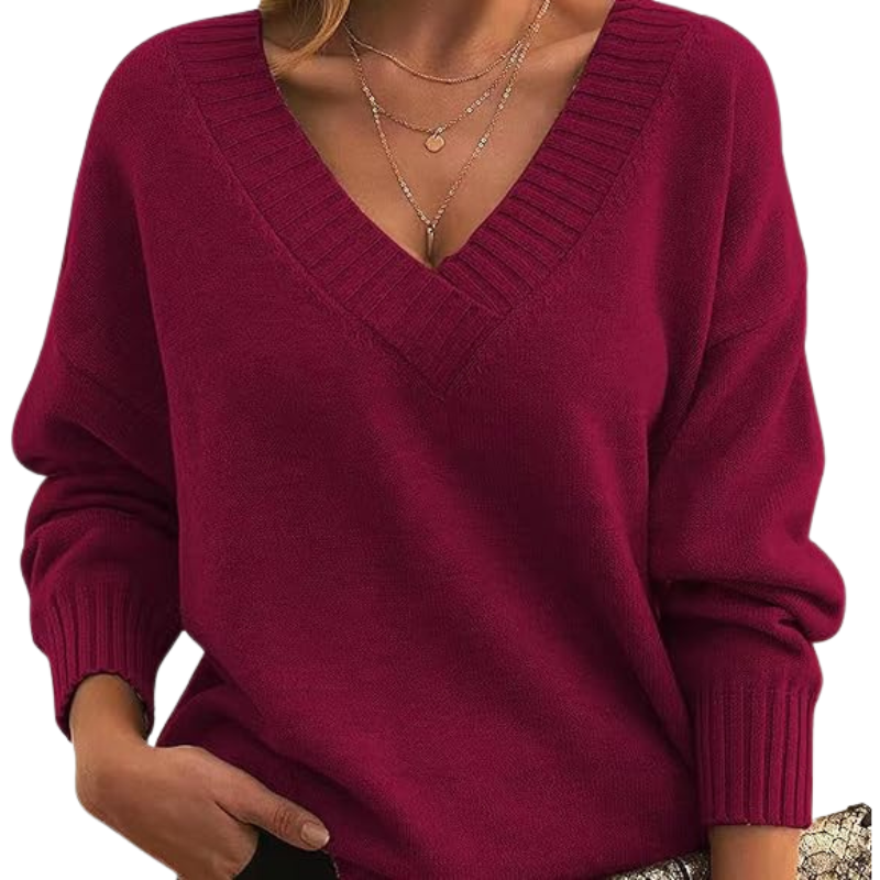 Women’s V-Neck Knitted Sweater – Relaxed Fit, Long Sleeve 2
