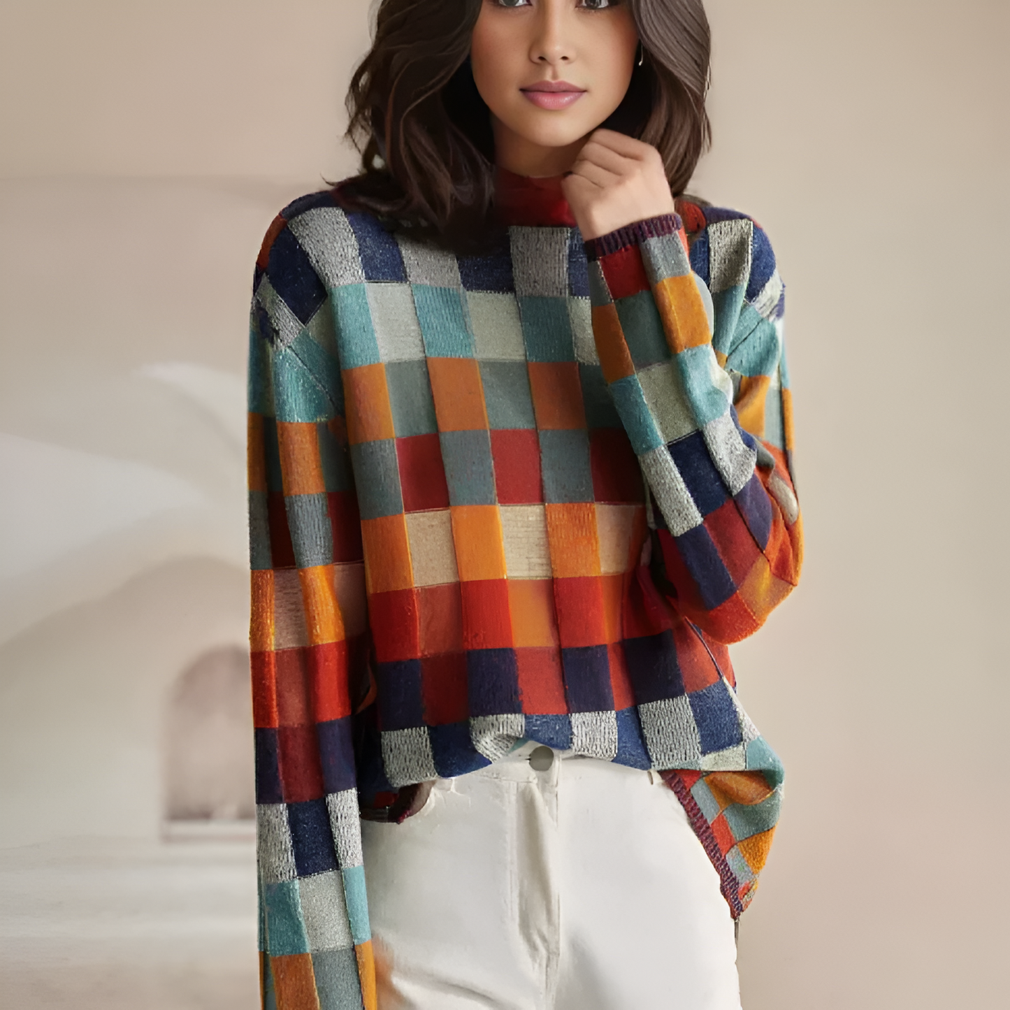 Colorful Plaid Women's Knitted Sweater - VogeLuxe