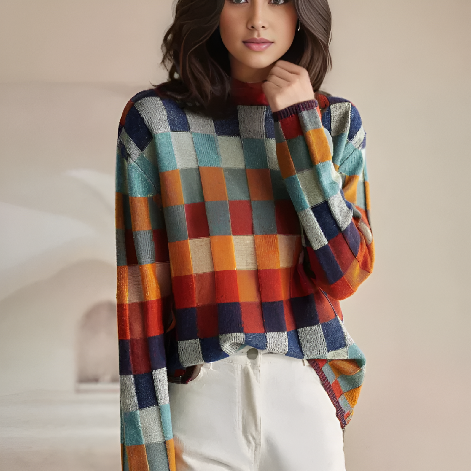 Colorful Plaid Women's Knitted Sweater - VogeLuxe