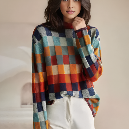 Colorful Plaid Women's Knitted Sweater - VogeLuxe
