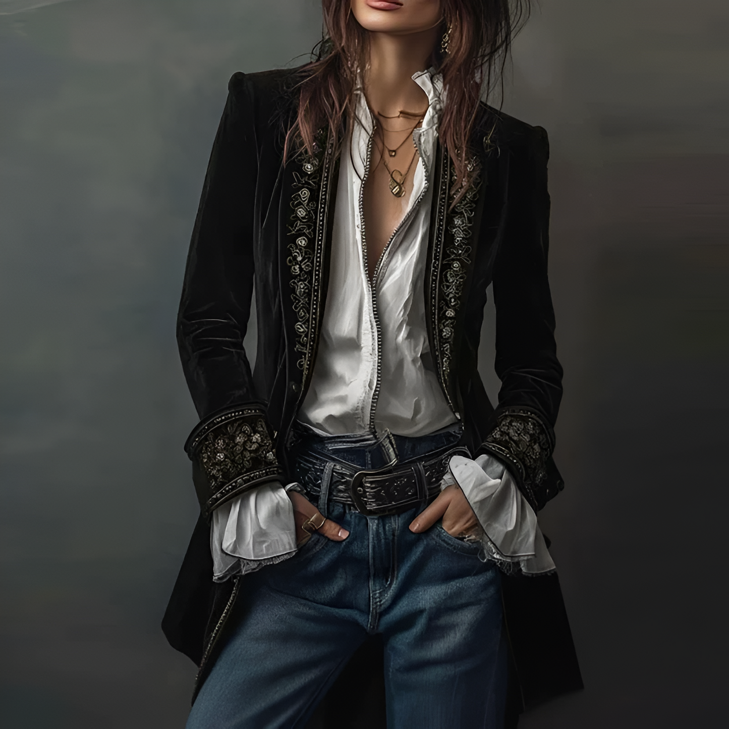 Luxurious Women's Velvet Embellished Long Coat