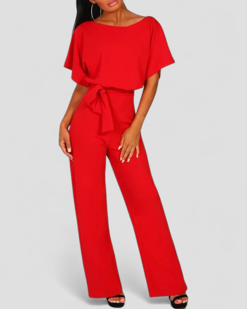 Women's Wide Leg Jumpsuit with Tie Waist Detail