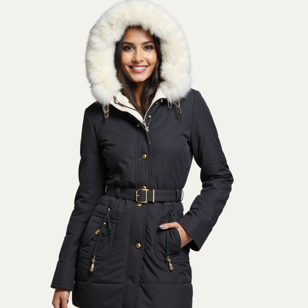 Women’s Winter Parka – Faux Fur Hood and Belted Design 1