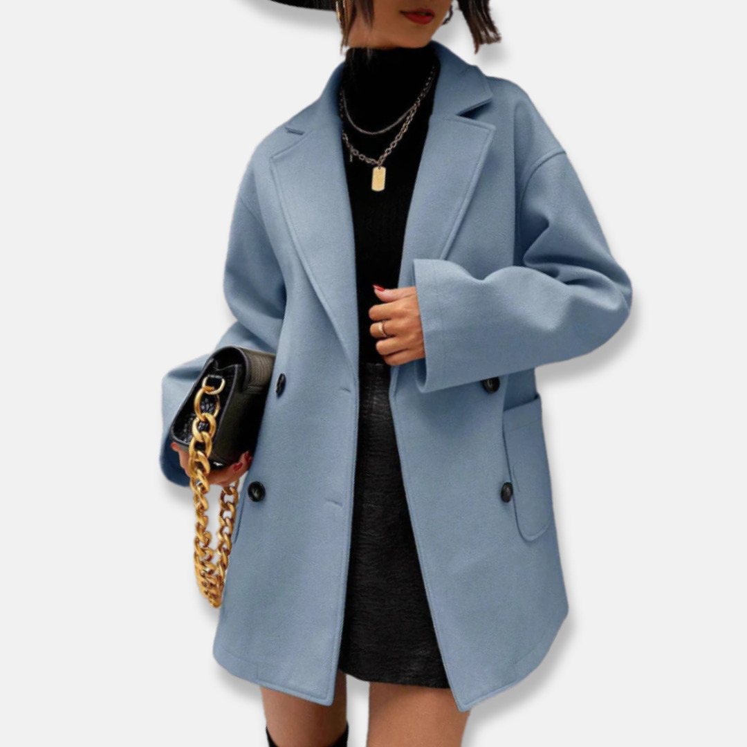 Women’s Wool Coat – Double-Breasted – Relaxed Fit – Notched Lapels – Mid-Thigh Length 1