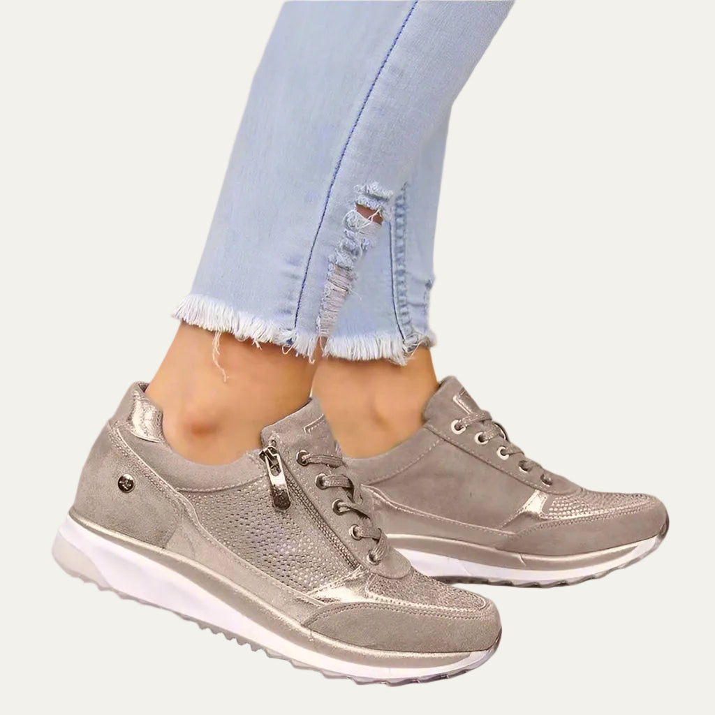 VogeLuxe | Women’s Shimmer Panel Zip Lace Fashion Sneakers