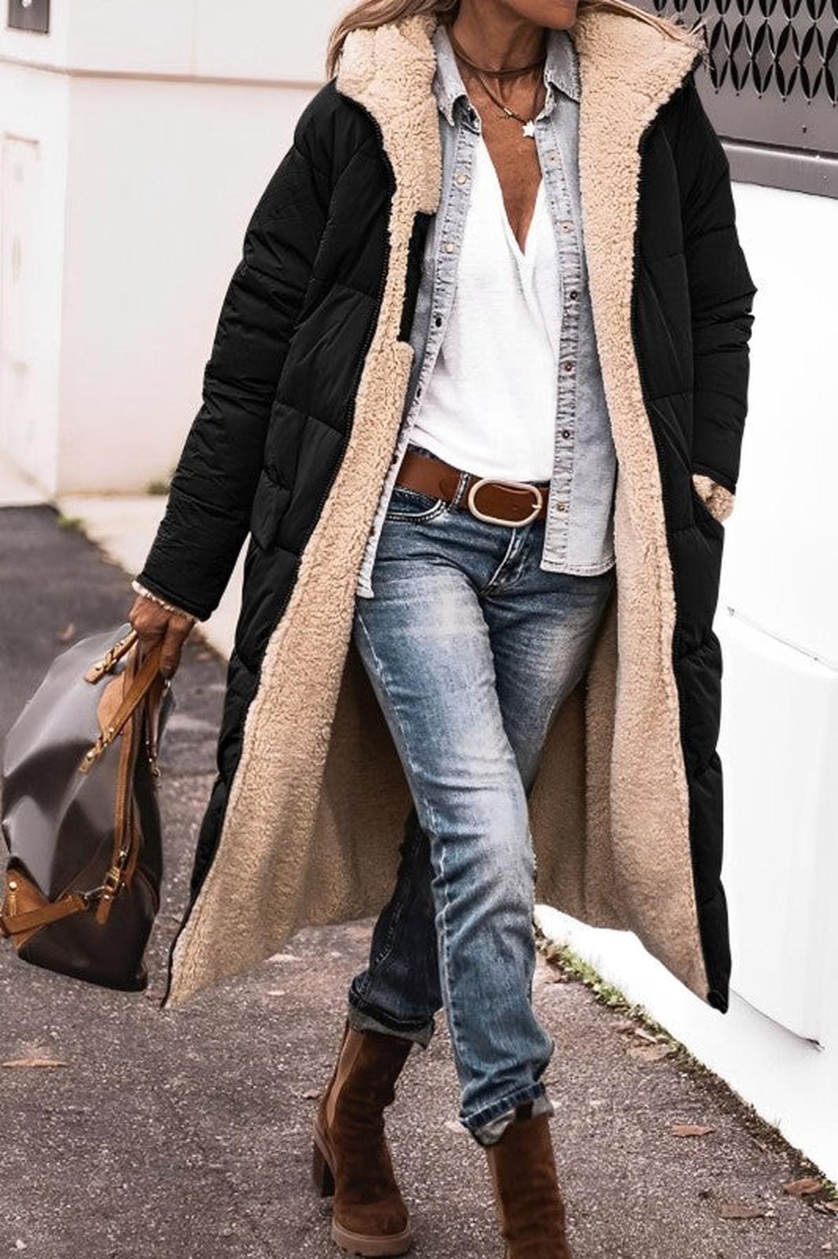 Warm Women's Parka Coat with Hood and Fleece Lining