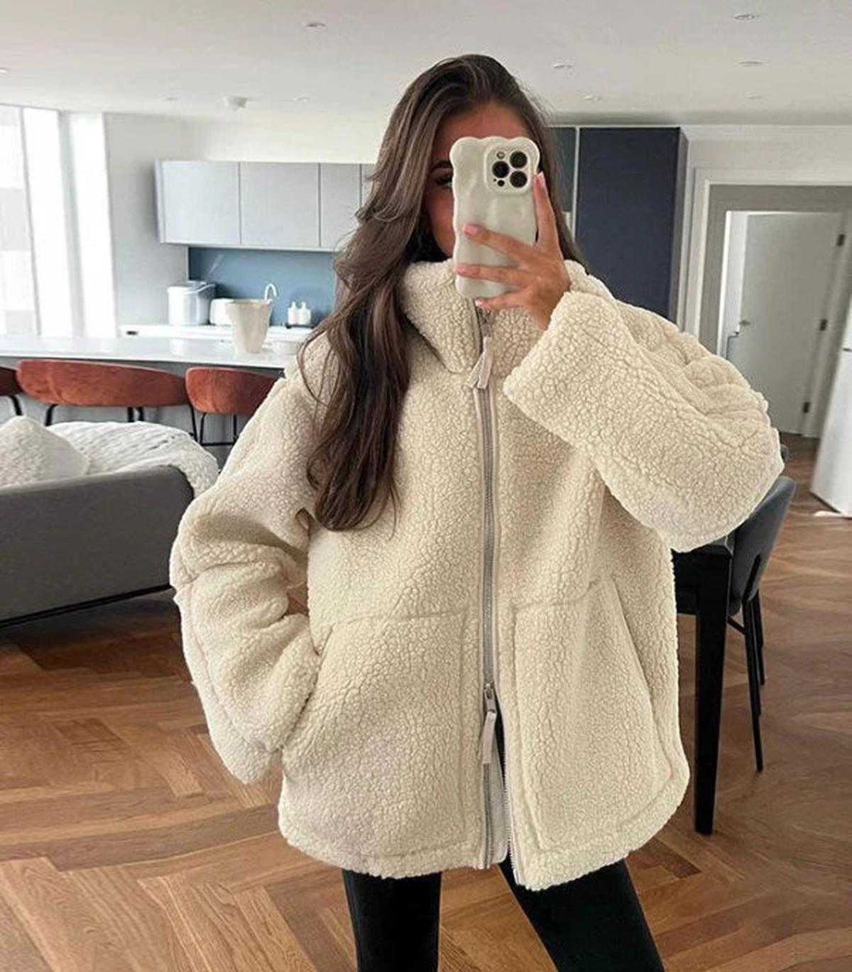 Women's Large Faux Wool Coat with High Collar - VogeLuxe