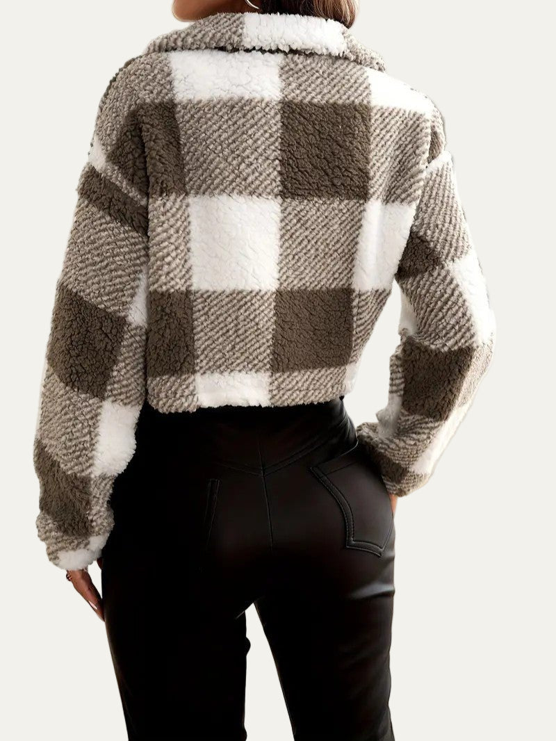 Zip-Up Plaid Teddy Knit Jacket 1