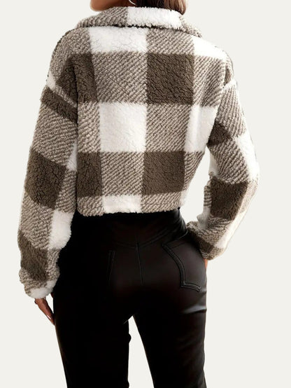 Zip-Up Plaid Teddy Knit Jacket 1