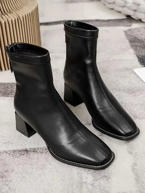 Square Toe Women's Ankle Boots | Mid Heel Zip Boots - VogeLuxe