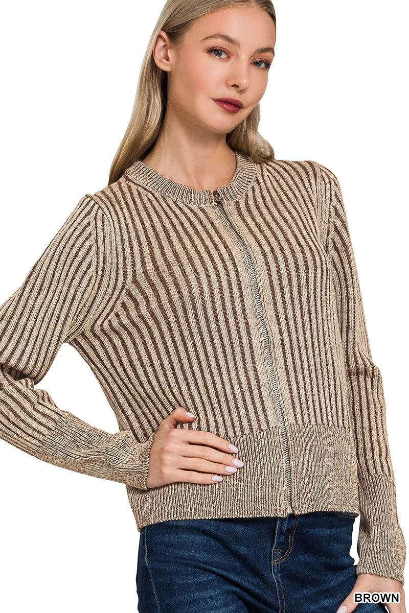 Textured Dual Color Zip Front Cardigan Sweater - VogeLuxe