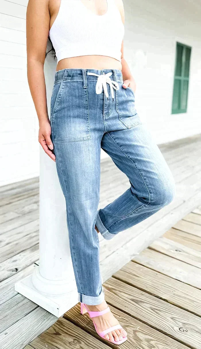 Comfortable Women's High Waisted Jogger Jeans with Elastic Waist - BritishElegance