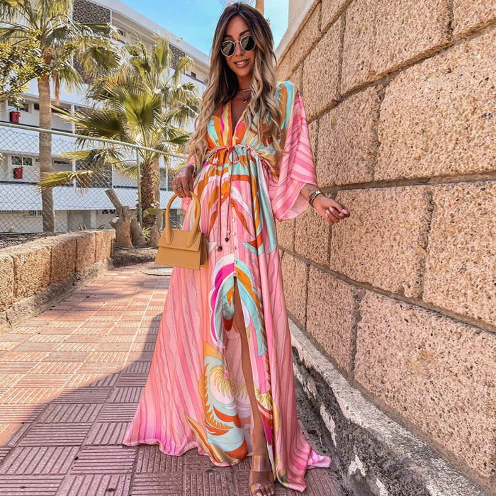 Vibrant Long Sleeve Maxi Dress with Fun Print - VogeLuxe