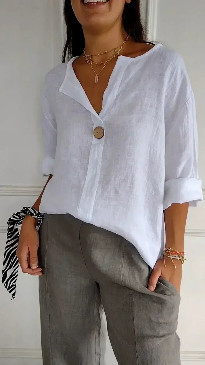 Soft Relaxed Fit V Neck Cotton Blouse