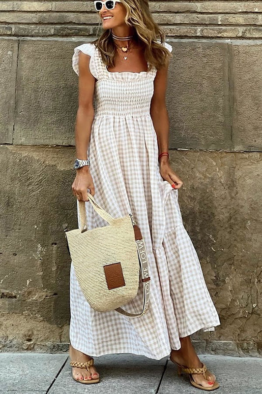 Women's Elegant Print Maxi Dress with Classic Plaid Design - VogeLuxe