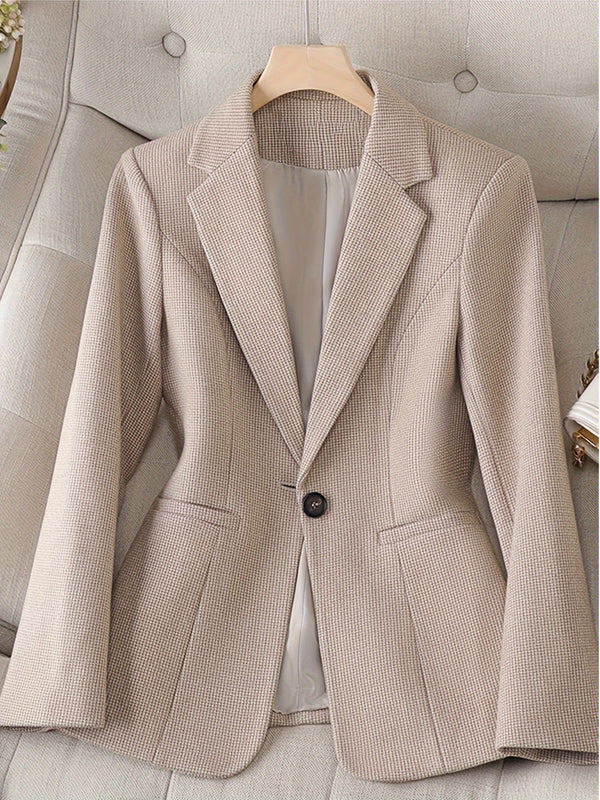 Professional Beige Ladies Jacket with Classic Lapel - BritishElegance