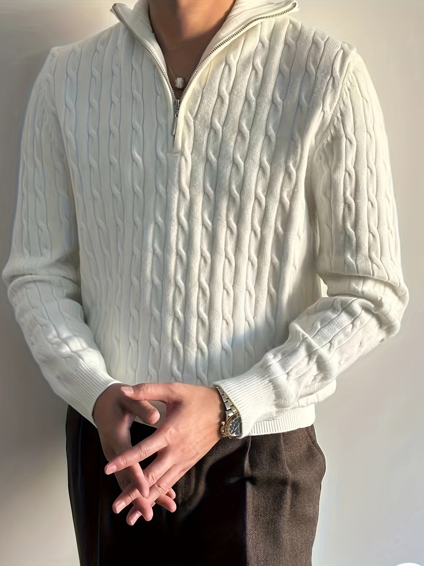 Warm Men's Cable Knit Sweater with Zip Neck