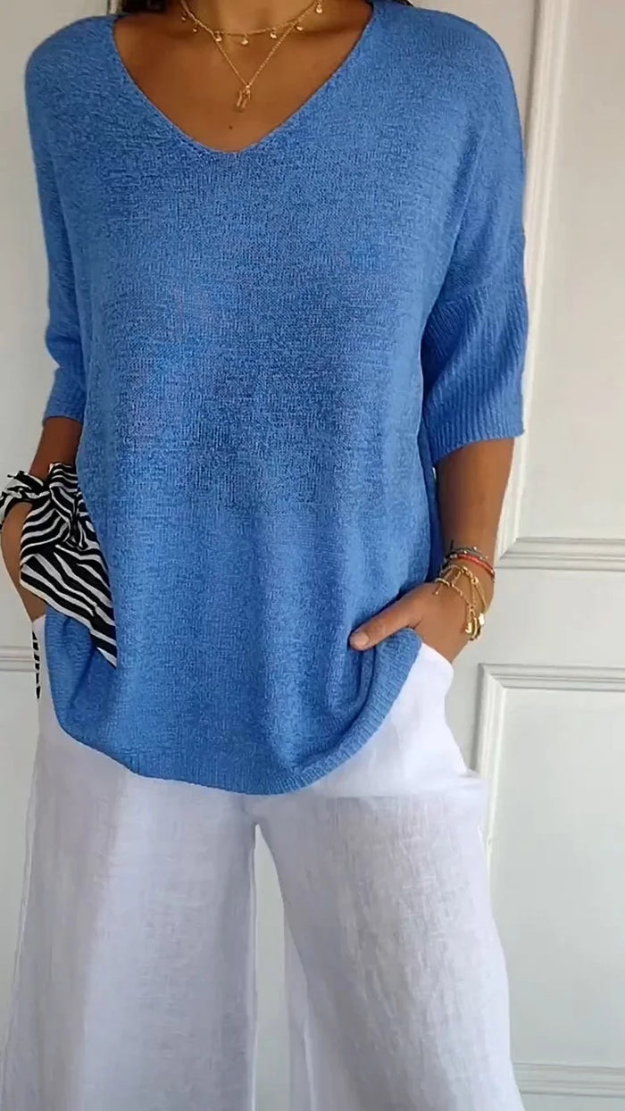 Relaxed Fit Women's V Neck Sweater Top