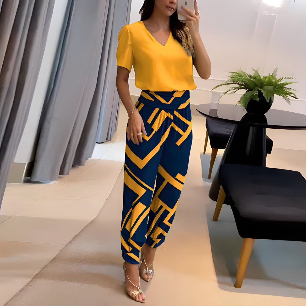Fashionable Graphic V-Neck Outfit - VogeLuxe