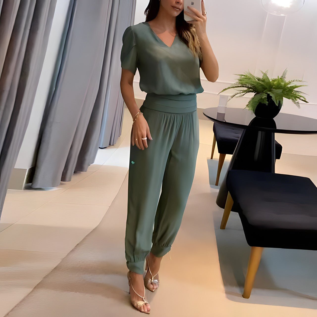 Fashionable Graphic V-Neck Outfit