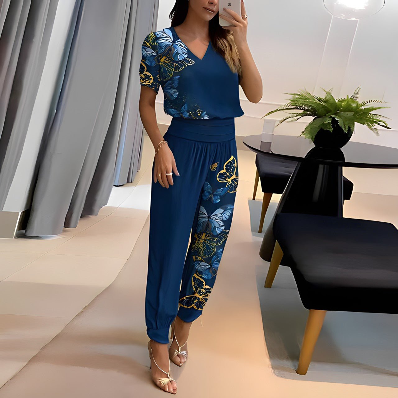 Fashionable Graphic V-Neck Outfit