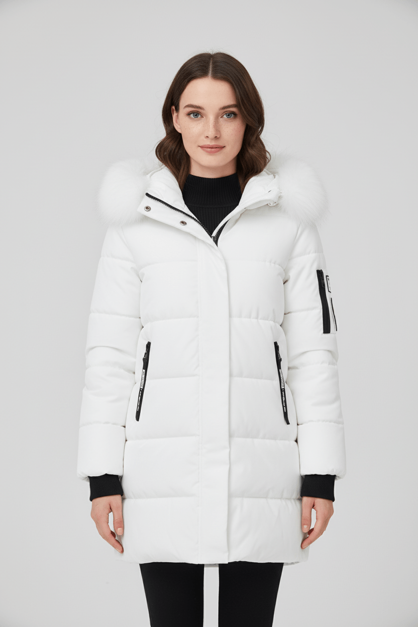 Warm Women's Padded Down Parka Coat with Faux Fur Hood - VogeLuxe