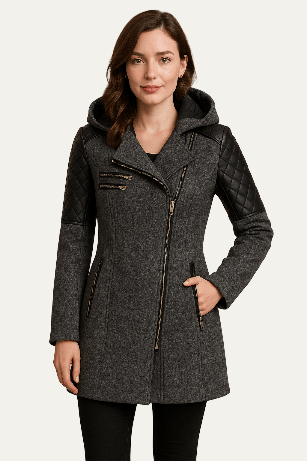 VogeLuxe | Women’s Wool Blend Moto Coat with Quilted Sleeves