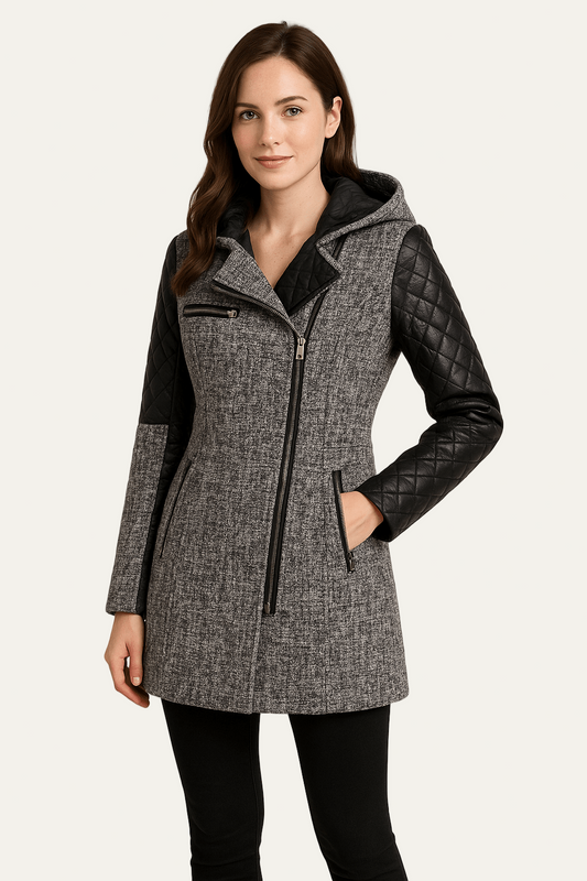 VogeLuxe | Women’s Wool Blend Moto Coat with Quilted Sleeves