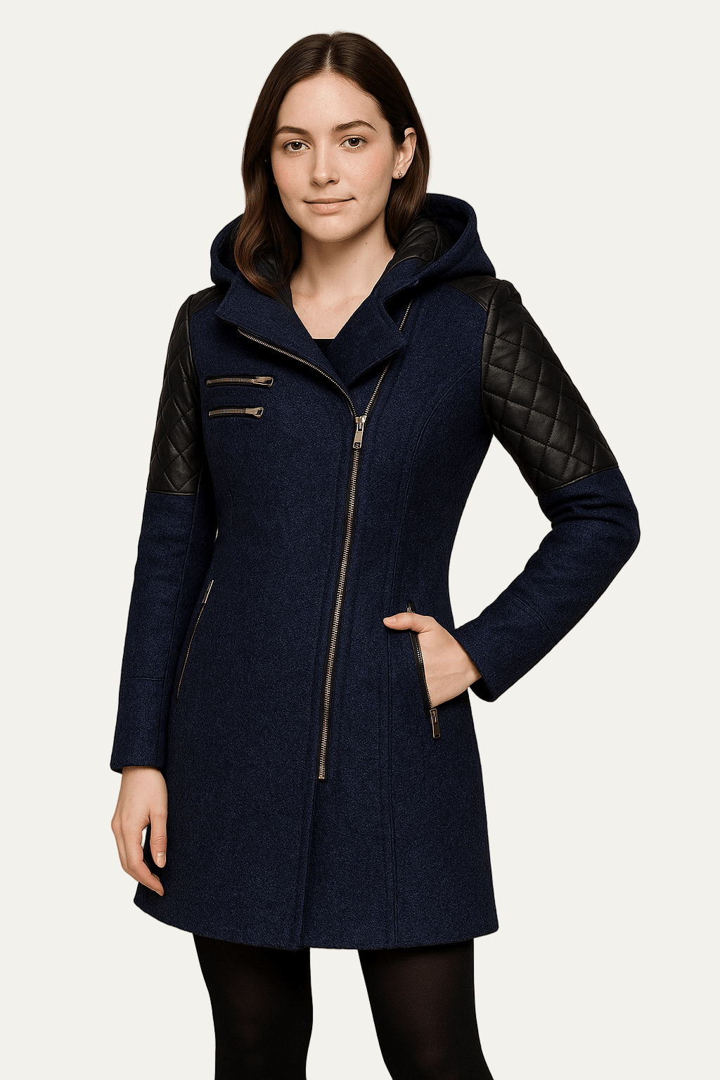 VogeLuxe | Women’s Wool Blend Moto Coat with Quilted Sleeves