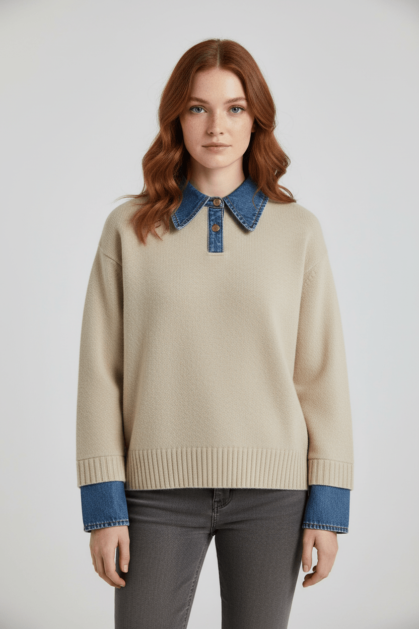 Casual Fit Women's Knit Sweater with Blue Trim