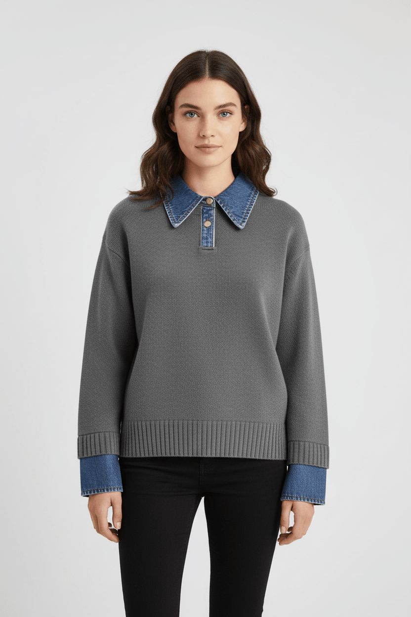 Casual Fit Women's Knit Sweater with Blue Trim - VogeLuxe