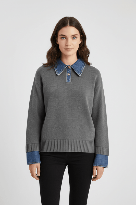 Casual Fit Women's Knit Sweater with Blue Trim - VogeLuxe