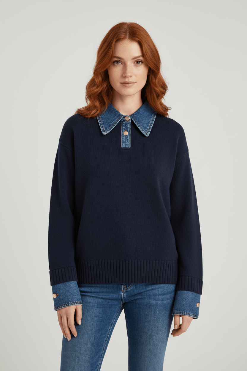 Casual Fit Women's Knit Sweater with Blue Trim