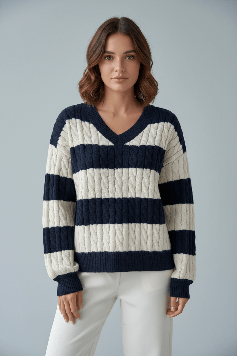 Classic V-Neck Cable Knit Sweater – Warm and Cozy Fit - VogeLuxe