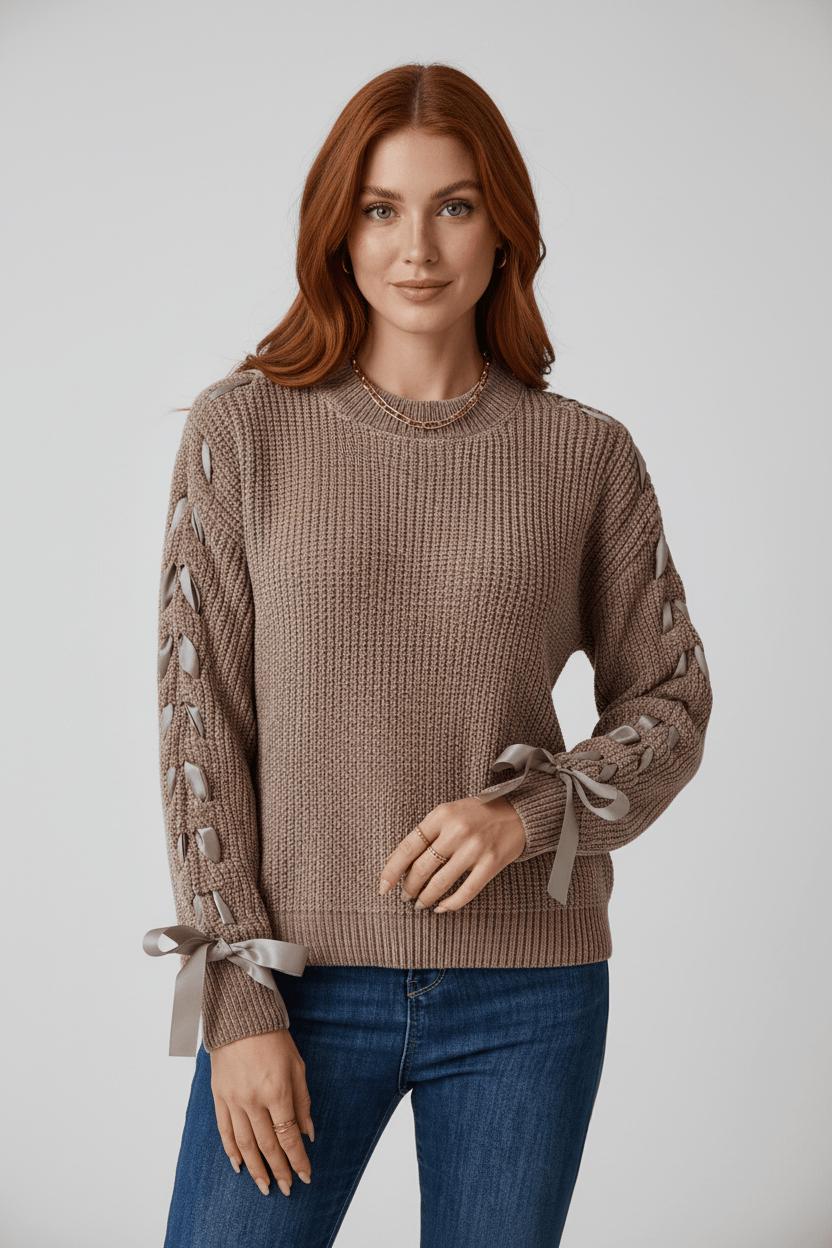 Casual Loose Fit Knit Sweater with Tie Sleeves