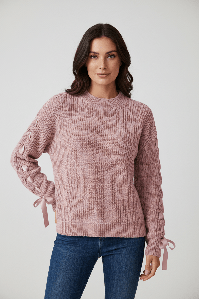 Casual Loose Fit Knit Sweater with Tie Sleeves