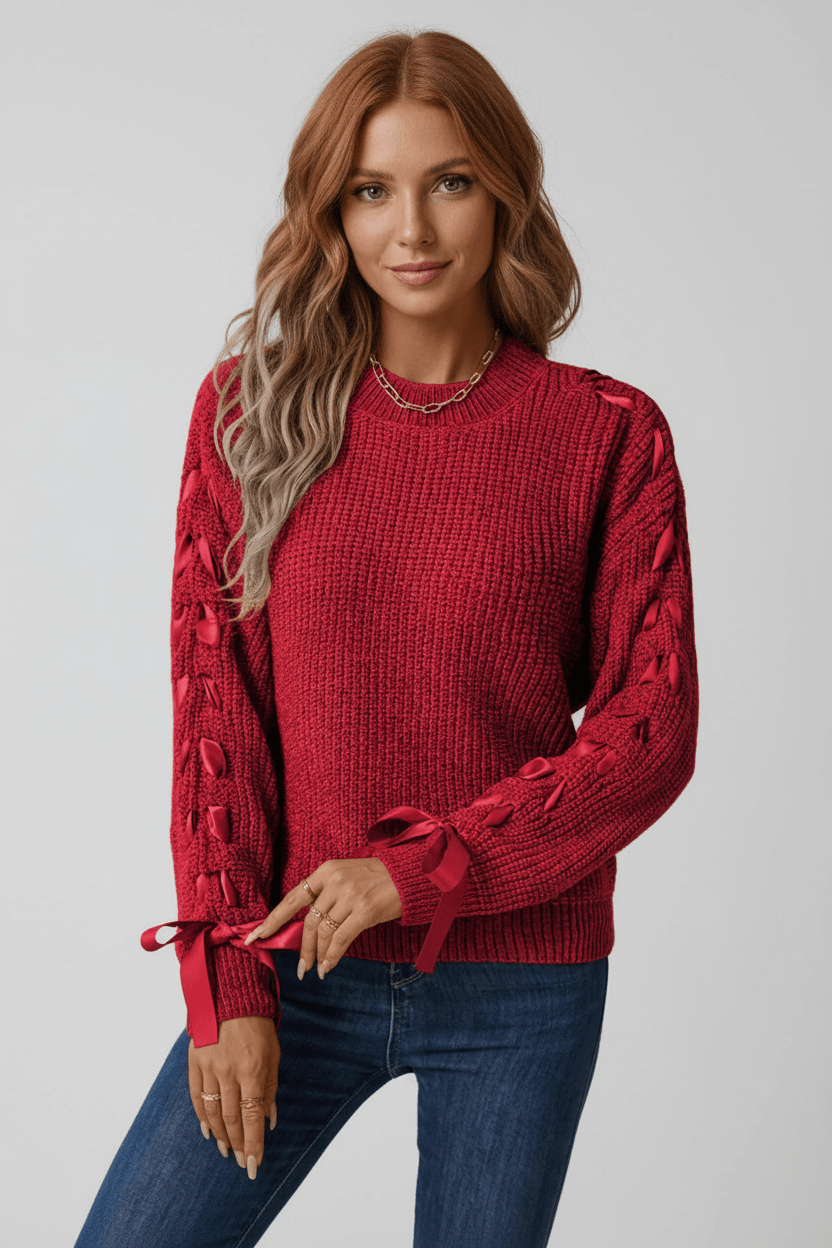 Casual Loose Fit Knit Sweater with Tie Sleeves - VogeLuxe