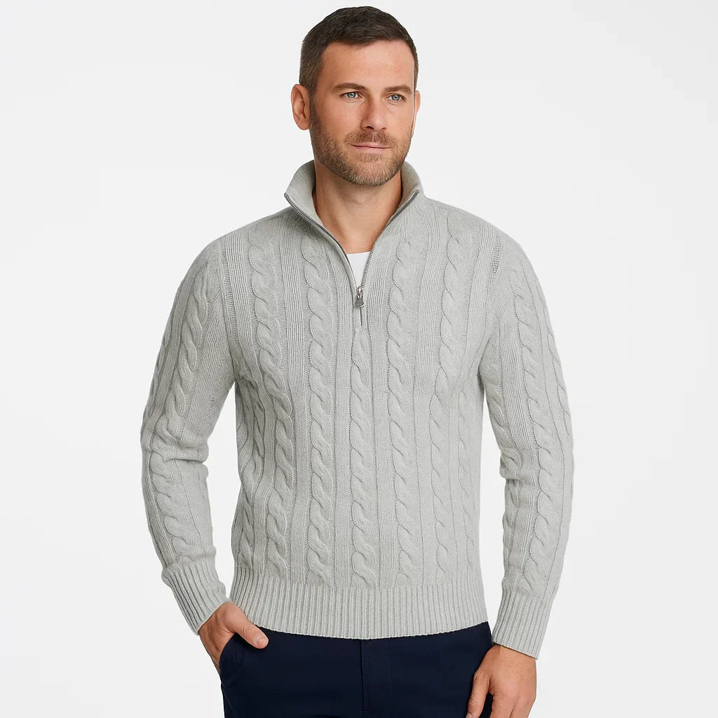 VogeLuxe | Men’s Cable Knit Mock Neck Quarter Zip Sweater