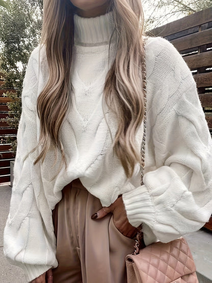 Cozy White Knit Turtleneck Sweater for Women - VogeLuxe