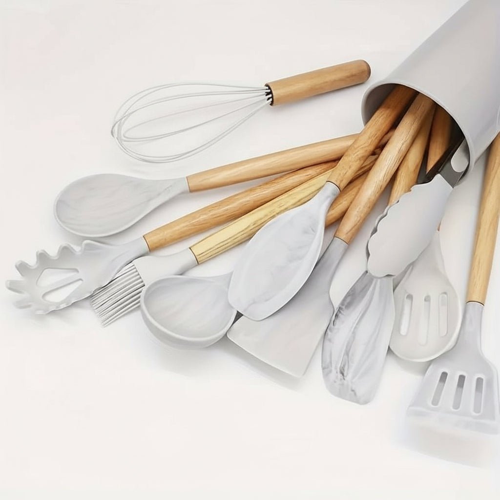 Silicone Kitchen Tool Set with Wooden Grip Handles