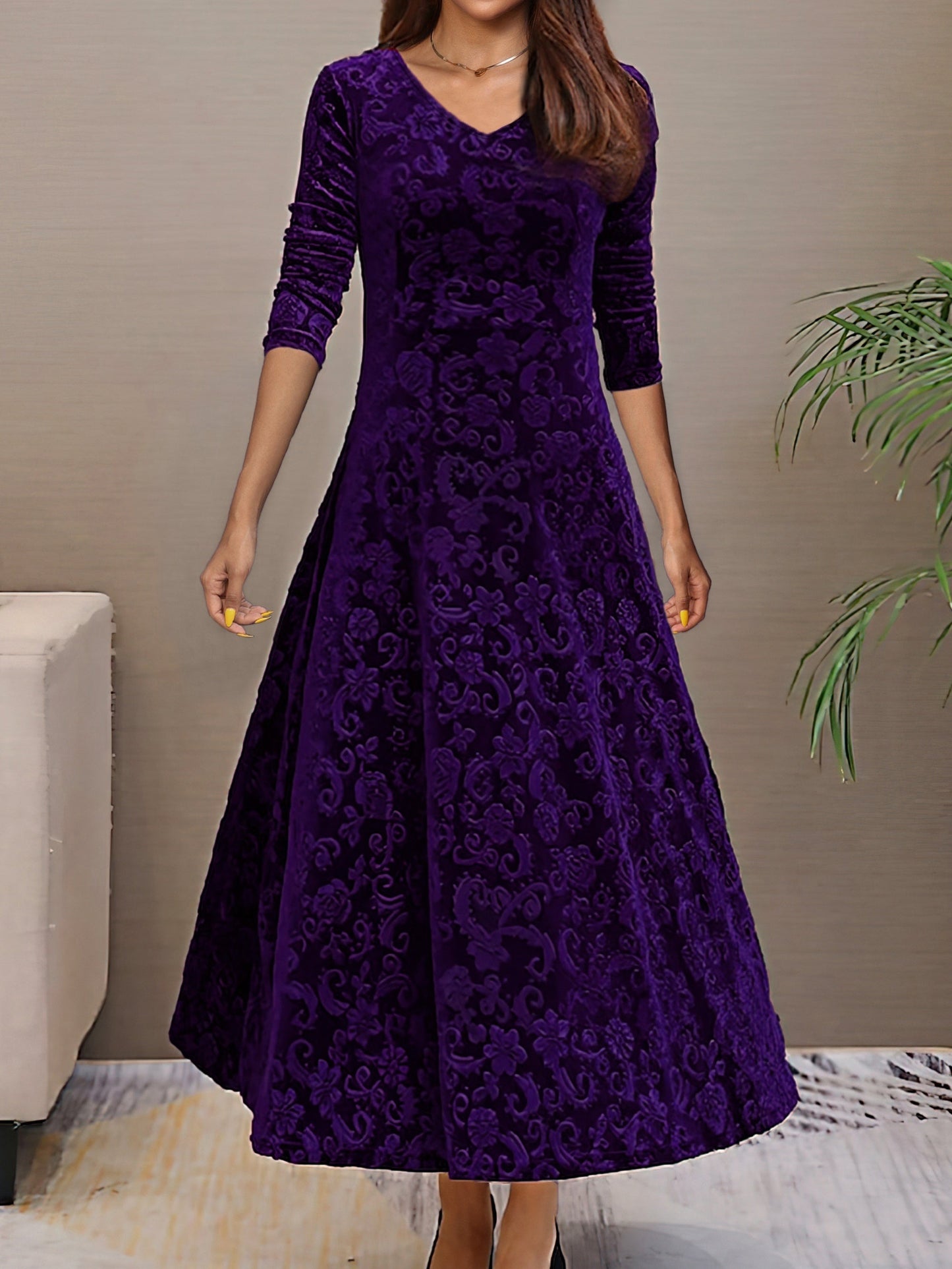 Elegant Women's Long Sleeve Velvet Formal Dress Plus Size