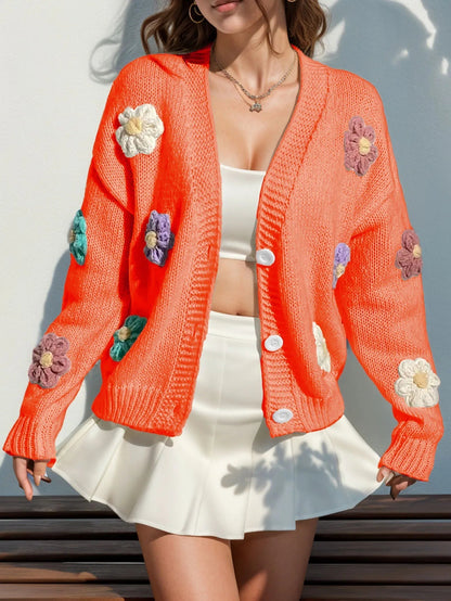 Cozy Women's Oversized Knit Cardigan with Flower Pattern