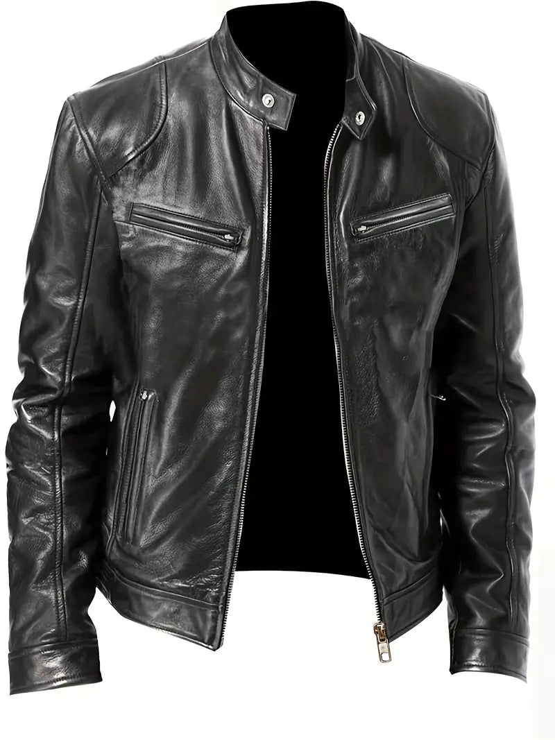 Men's Slim Black Faux Leather Biker Jacket - VogeLuxe